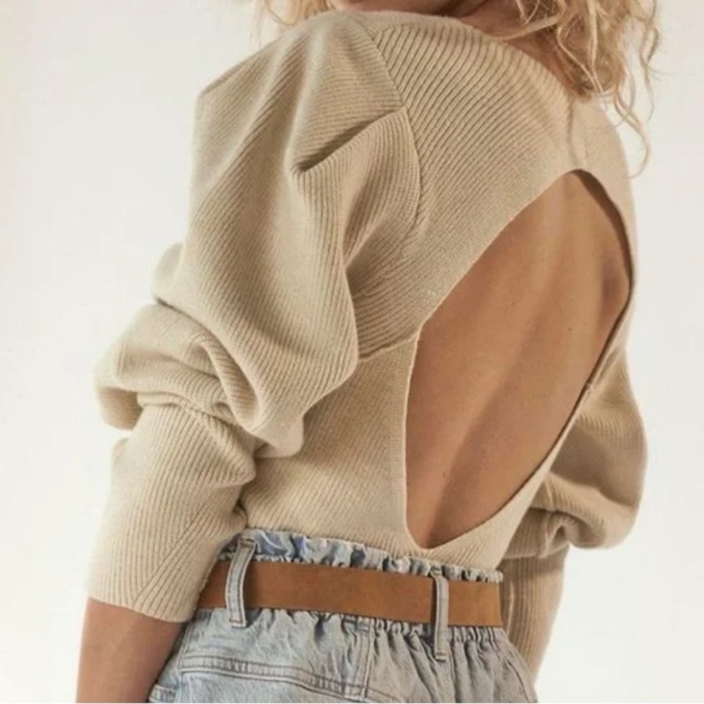 Free People Oversized Puff Sleeve Cream Open Back Sweater